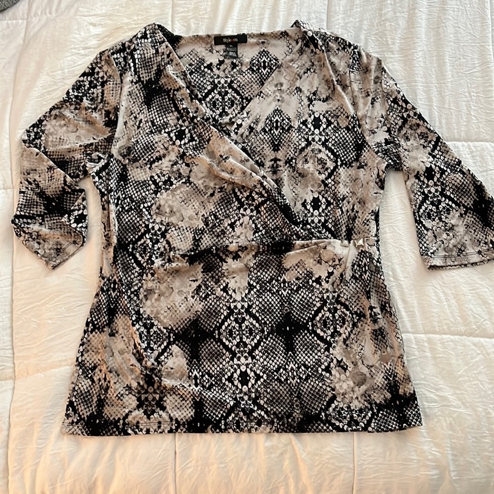 Style & Co. Black and Tan Snake Print Wrapped Top  - XL